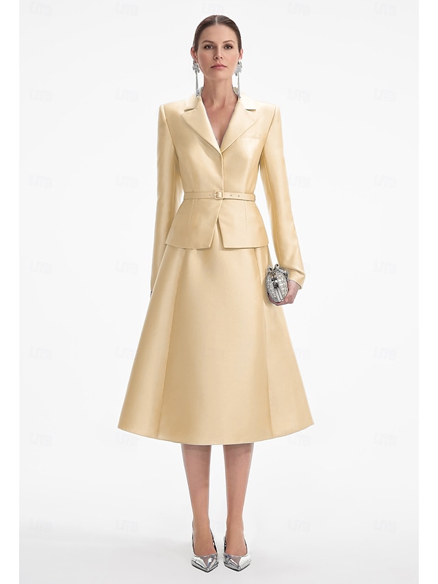  Blazer Kleid Zweiteilig A-Linie Champagner Kleid Smoking Kleid Elegant V-Ausschnitt Tee-Länge Satin Lange Ärmel mit Uni-Farbe Derby Kleider 2025