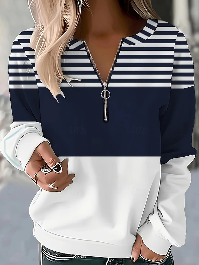 Women's Quarter Zipper Sweater Striped Street Dailywear Print Casual Crew Neck Long Sleeve Micro-elastic Fall Winter Comfrt Breathable Soft Fabric4