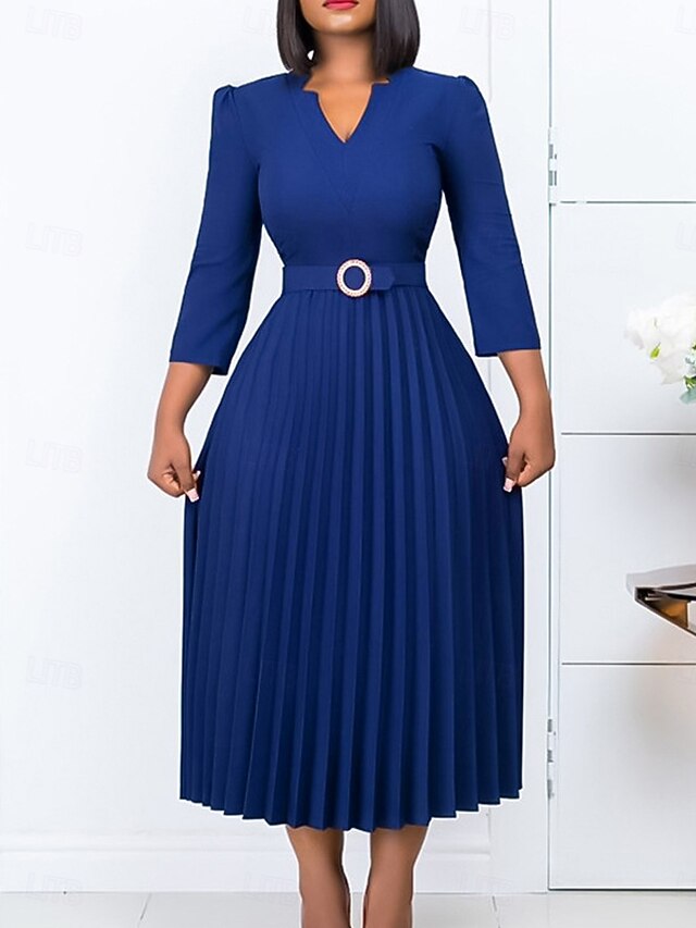 Women's Work Dress Casual Dress A Line Dress Fashion Daily Midi Dress Ruched Patchwork V Neck Long Sleeve Plain Regular Fit Yellow Red Blue Fall Winter S M L XL XXL 8