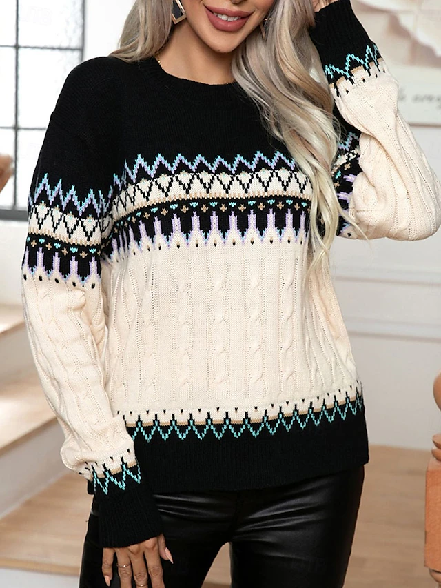 Women's Sweater Pullover Sweater Jumper Fair Isle Sweater Casual Soft Geometric Ribbed Crew Neck Knitted Long Sleeve Regular Tops Knit Outdoor Daily Weekend Black Fall Winter 9
