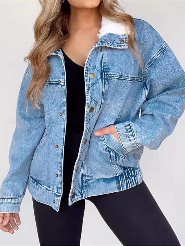 Women's Denim Jacket Outdoor Street Daily Wear Fall Winter Regular Coat Regular Fit Thermal Warm Breathable Stylish Casual Jacket Long Sleeve Solid Color with Pockets Fur Collar Blue 6