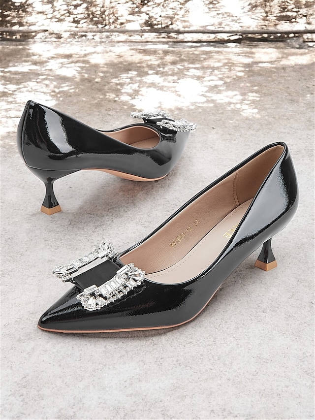  Women's Black Patent Leather Pumps with Crystal Embellished Bow – Elegant Pointed-Toe Kitten Heels for Formal Events and Evening Wear