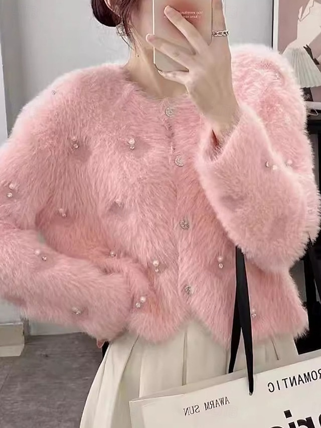  dam tröja kofta fuzzy v-ringad ribbstickad pärlstickad höst vinter daglig helg ledig mjuk långärmad ren färg rosa aprikos