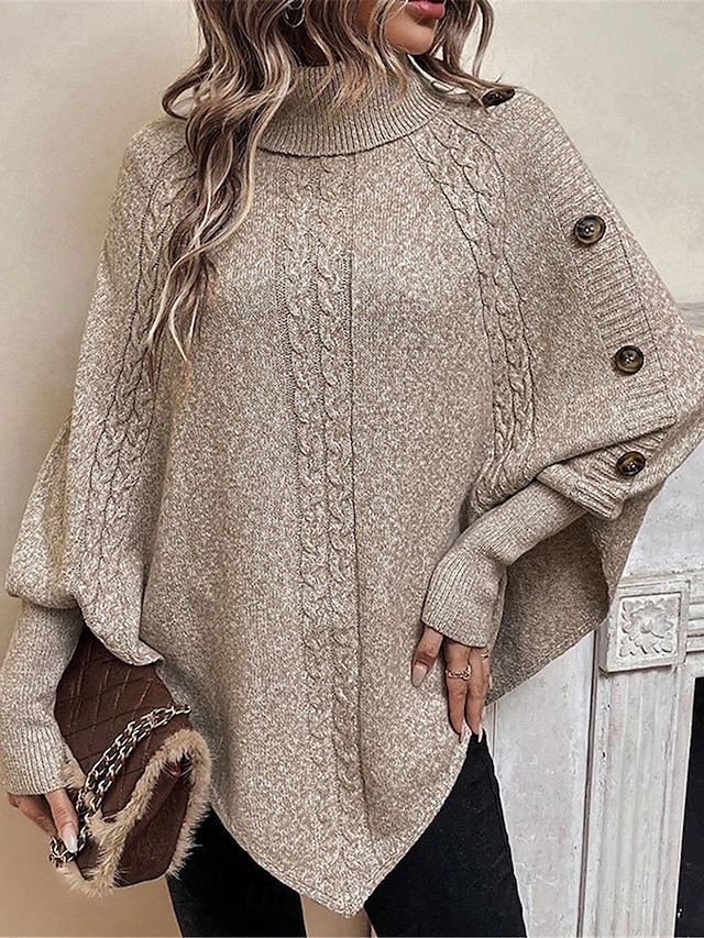 Women's Sweater Pullover Sweater Jumper Casual Soft Pure Color Ribbed Turtleneck Buttons Knitted Batwing Sleeve Long Sleeve Regular Tops Knit Outdoor Daily Weekend Khaki Fall Winter 9