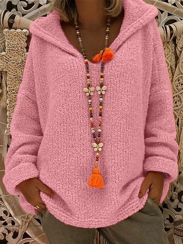 Women's Sweater Pullover Sweater Jumper Casual Soft Pure Color Ribbed Hooded Knitted Long Sleeve Regular Tops Knit Outdoor Daily Weekend Pink Orange Fall Winter4