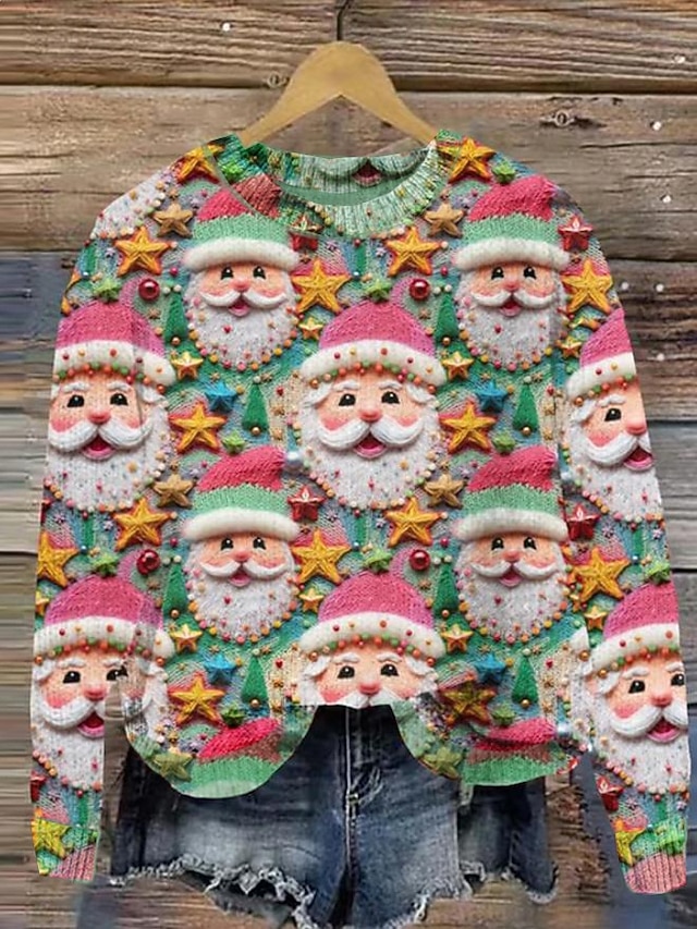 Women's Sweater Crew Neck Ribbed Knit Print Drop Shoulder Fall Winter