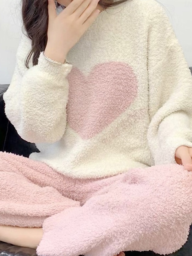  dam pyjamas loungewear 2 delar hjärtvärme komfort hem daglig fleece varm andas rund hals långärmad pullover byxa höst vinter hem outfits
