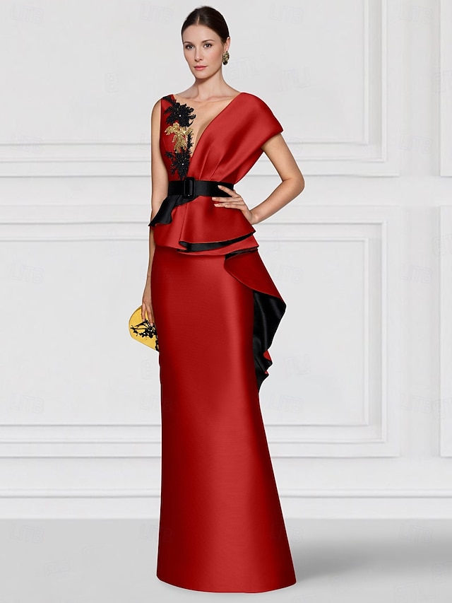  vestido de noite com bainha bordada em ouro vermelho, vestido elegante, formal, comprimento até o chão, sem mangas, decote em v, cetim com apliques 2025