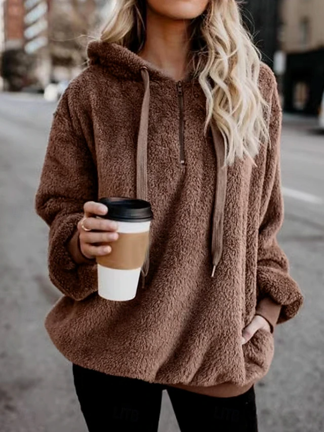 Women's Hoodie Sweatshirt Casual Sherpa Plain Street Dailywear Hoodie Zipper Pocket Long Sleeve Wine Brown Green Fall Winter 8