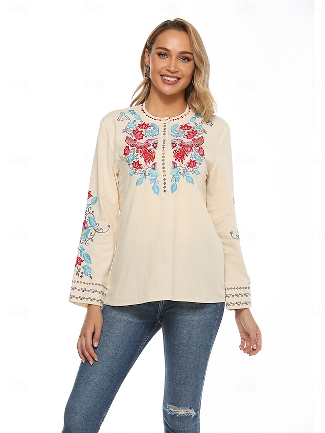  Dam Boho skjorta Linneinspirerade skjortor Blommig Blomma Ledigt Långärmad Biskop Rund hals Hög hals Vanliga toppar Alla hjärtans dag Arbete Dagligen Broderad Beige Vår, Höst, Vinter, Sommar