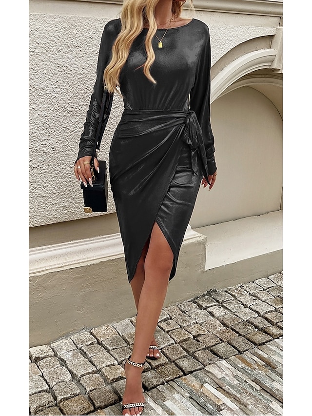  Damen Arbeitskleid schwarzes Kleid elegantes Minikleid geteilt V-Ausschnitt Langarm schlicht lockere Passform schwarz Frühling Herbst S M L XL