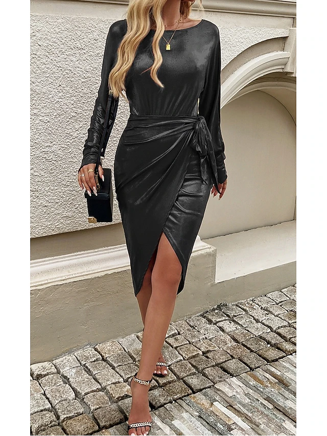 Women's Work Dress Black Dress Elegant Mini Dress Split V Neck Long Sleeve Plain Loose Fit Black Spring Fall S M L XL 5