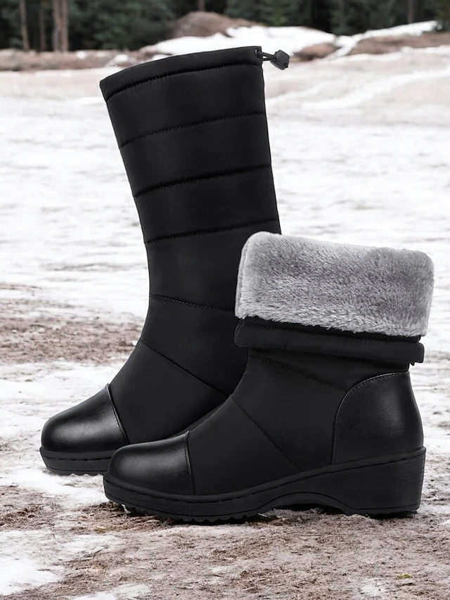 Women's Winter Snow Boots - Black Waterproof, Faux Fur Lined, Mid-Calf Warm Outdoor Shoes for Cold Weather 12