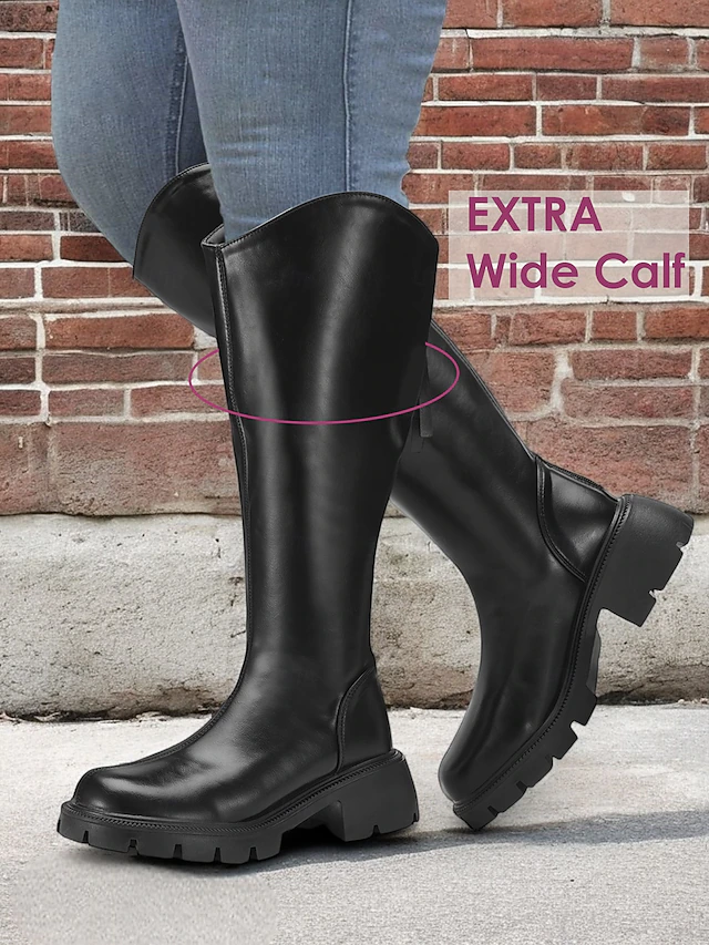 Women's Extra Wide Calf Knee-High Boots – Comfortable Black Faux Leather with Rugged Sole, Perfect for Outdoor Adventures and Everyday Wear 11