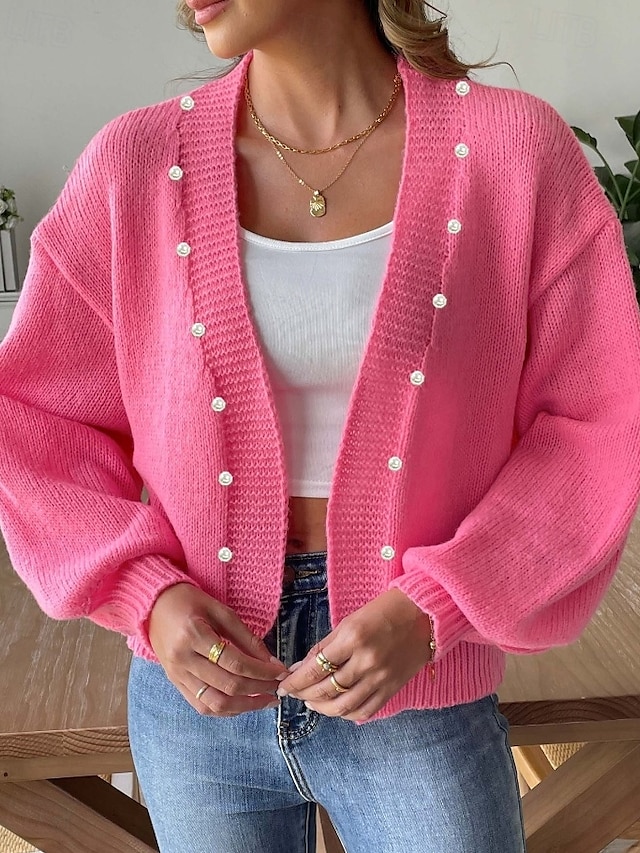 Women's Sweater Cardigan Elegant Casual Soft Pure Color Ribbed V Neck Beaded Knitted Long Sleeve Regular Tops Knit Outdoor Daily Weekend Pink Fall Winter 5