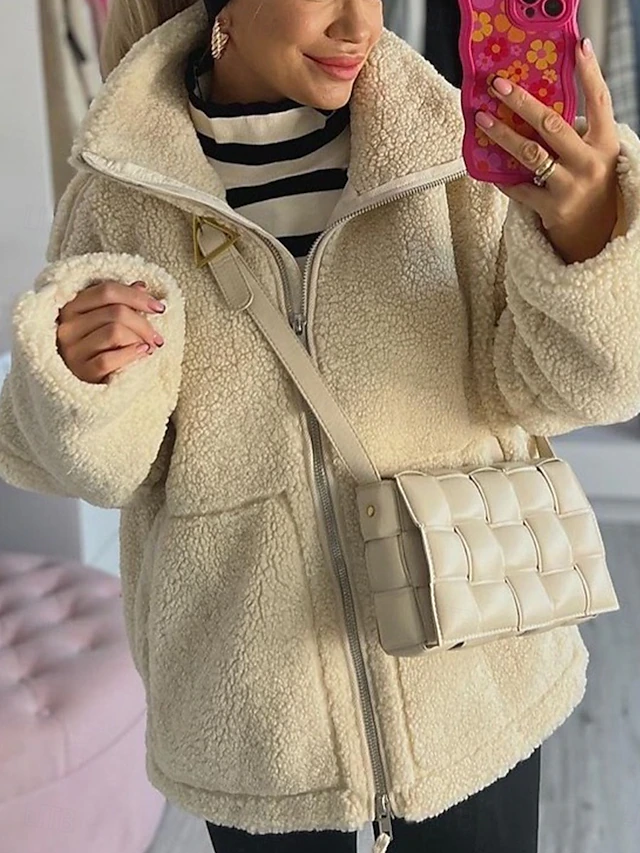 Women's Fleece Jacket Warm Breathable Patchwork Zipper Pocket Casual Plain Vacation Street Daily Wear Going out Zipper Regular Turndown Regular Fit Long Sleeve Outerwear Beige Coffee Fall Winter 7