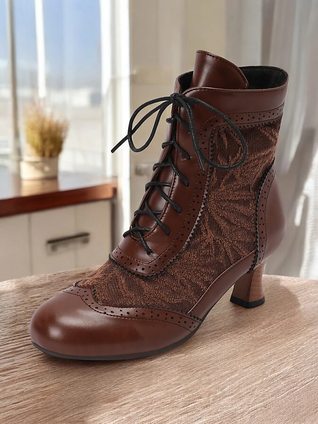 Victorian Style Women's Ankle Boots with Lace Design and Faux Leather Accents – Vintage Lace-Up Footwear for Casual and Costume Occasions 23