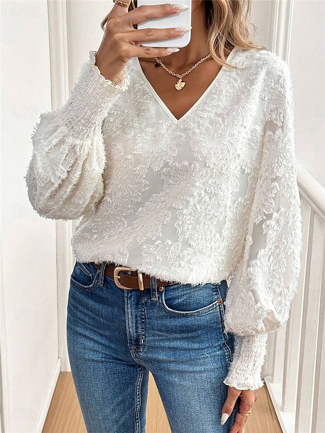 Women's Shirt Blouse Solid Color Basic Casual Long Sleeve Lantern Sleeve V Neck Regular Tops Daily Lace Embroidered White Fall Winter 7