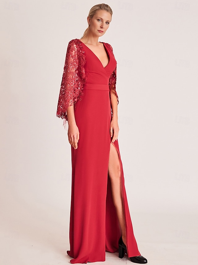  Abito da sera Sheath Abito Elegante Formale Lunghezza della Gamba Intera Manica Mezza V Collo Crepe Elasticizzato con Ricamo 2025