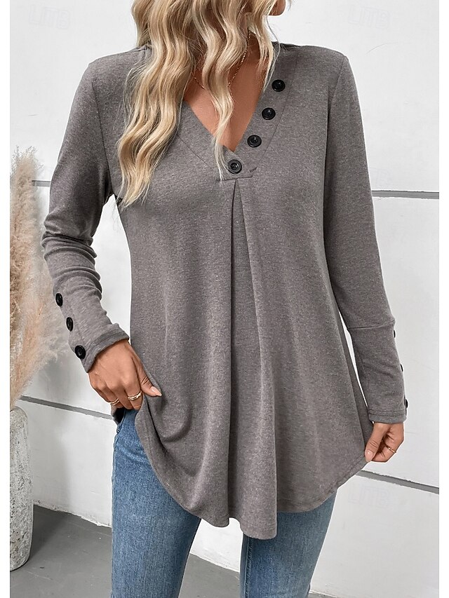 Women's Tunic Long Sleeve V Neck Buttons Gray Spring Fall Winter 6