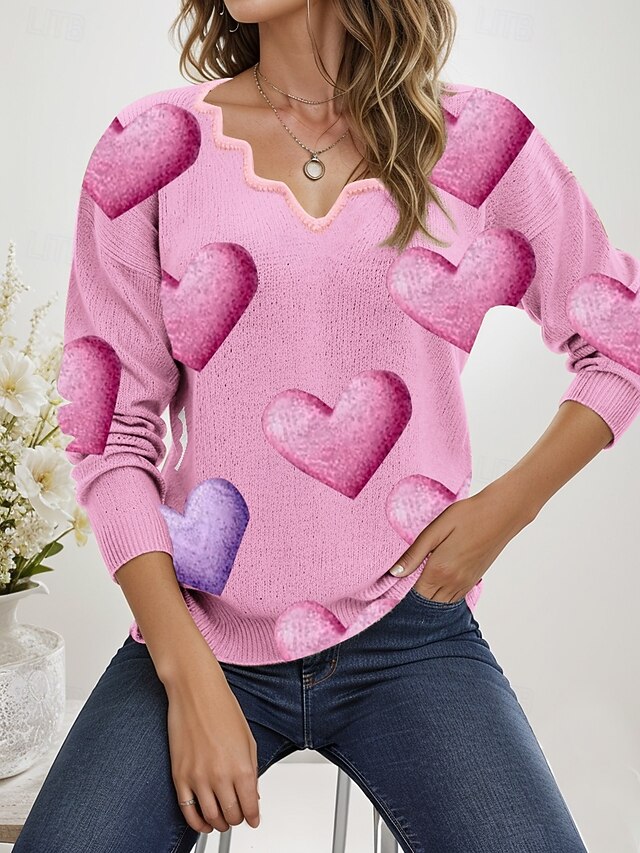 Women's Heart Sweater Scalloped Neck Knit Knitted Fall Winter Outdoor