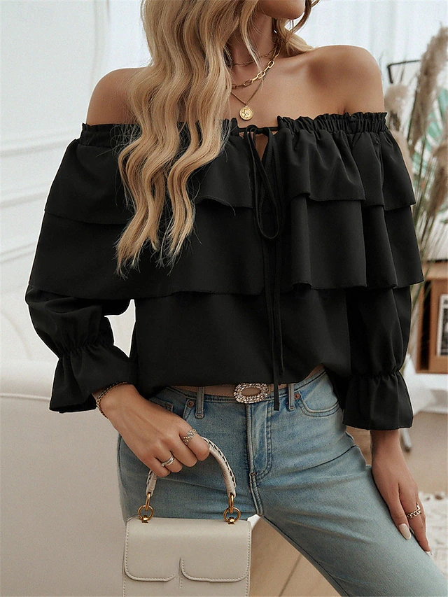 Women's Shirt Blouse Solid Color Basic Casual Long Sleeve Off Shoulder Regular Tops Daily Ruffle Backless Black White Fall 12