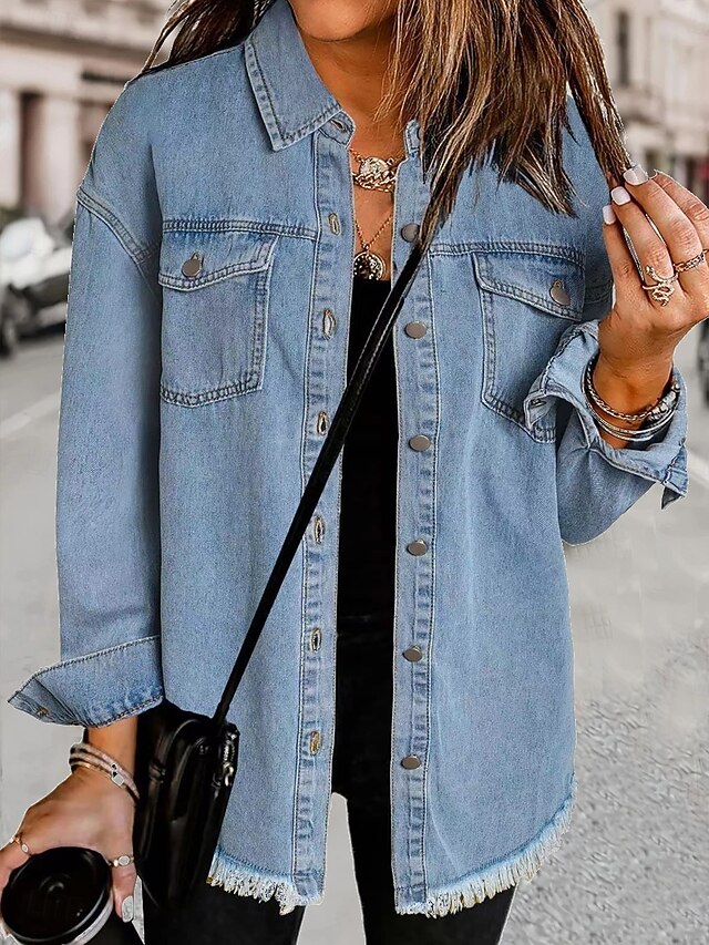 Women's Denim Jacket Outdoor Adjustable Plain Casual / Daily Stylish Regular Fit Outerwear Long Sleeve Fall Blue S4