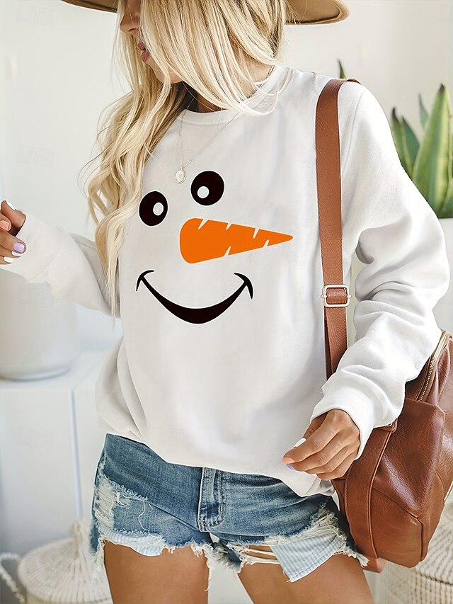 Women's Sweatshirt Casual Snowman Face Print Long Sleeve Crew Neck