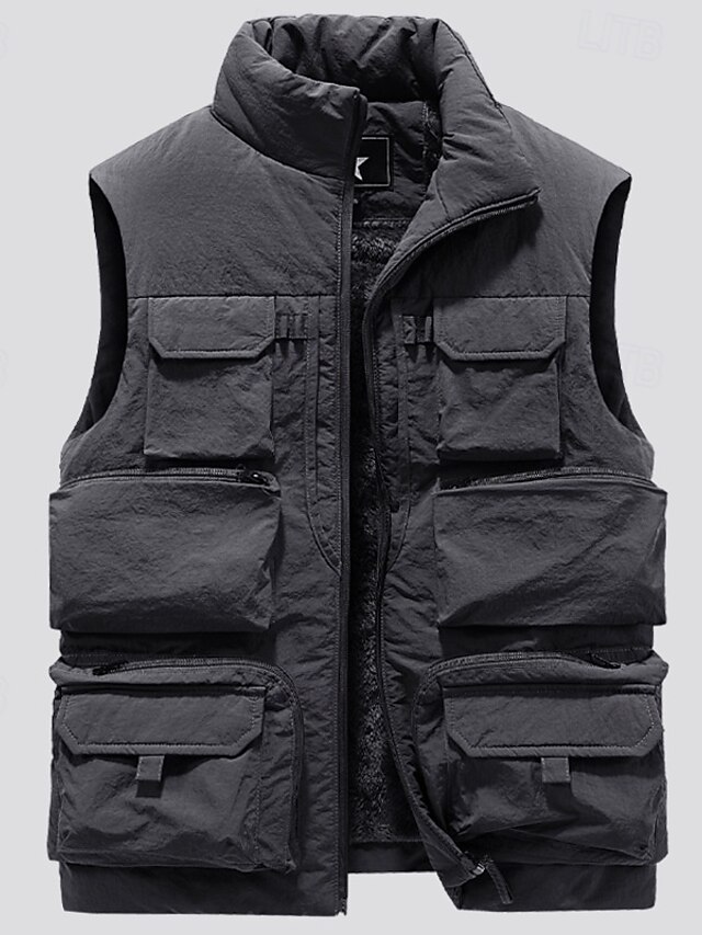  Herre Fleece vest Udendørs vest Fiskevest Daglig Stævnemøde Ferierejse Mode Afslappet Efterår vinter Lomme Polyester Hold Varm Bekvem Helfarve Lynlås Høj krave Regulær Sort Kakifarvet Grå Vest