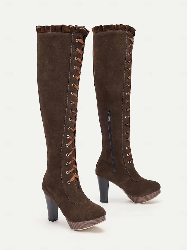Women's Brown Victorian Lace-Up Knee-High Boots - Retro Style with Platform Heel, Perfect for Cosplay and Vintage-Inspired Outfits 11