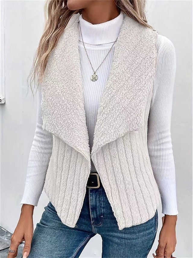  Women's Fleece Vest Warm Breathable Fleece Lined Casual Plain Vacation Street Daily Wear Going out Open Front Regular Turndown Regular Fit Sleeveless Outerwear White Khaki Gray Fall Winter