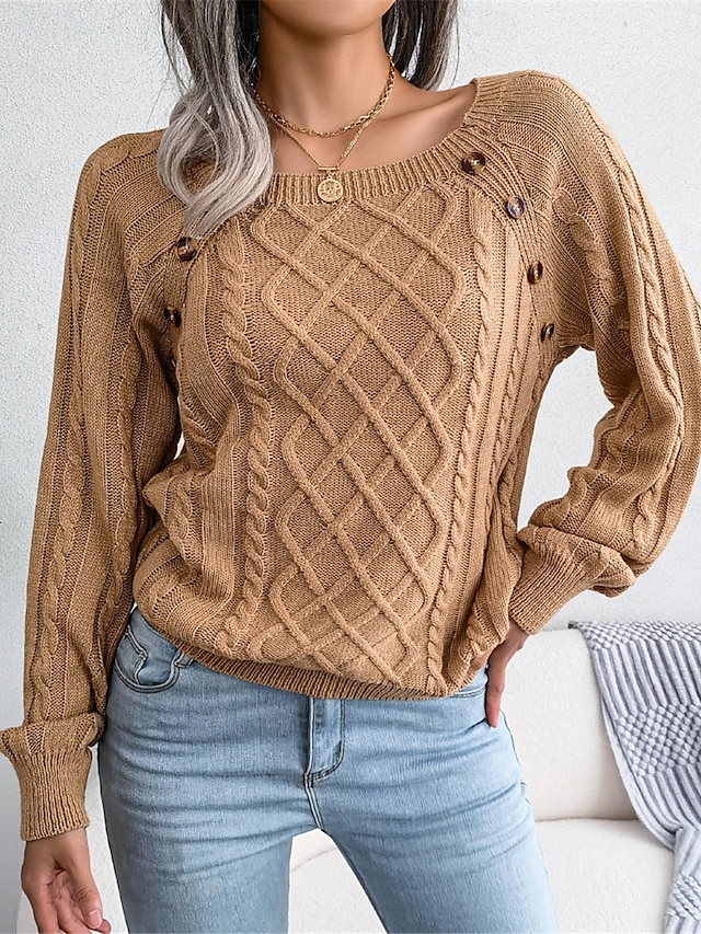  Dam Tröja Pullover tröja Ledigt Mjukt Ren färg Ribbad Fyrkantig hals Knappar Stickat Långärmad Vanliga toppar Sticka Utomhus Dagligen Helgen Vit Kaki Höst Vinter