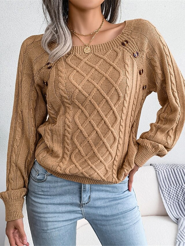 Women's Sweater Pullover Sweater Jumper Casual Soft Pure Color Ribbed Square Neck Buttons Knitted Long Sleeve Regular Tops Knit Outdoor Daily Weekend White Khaki Fall Winter 13