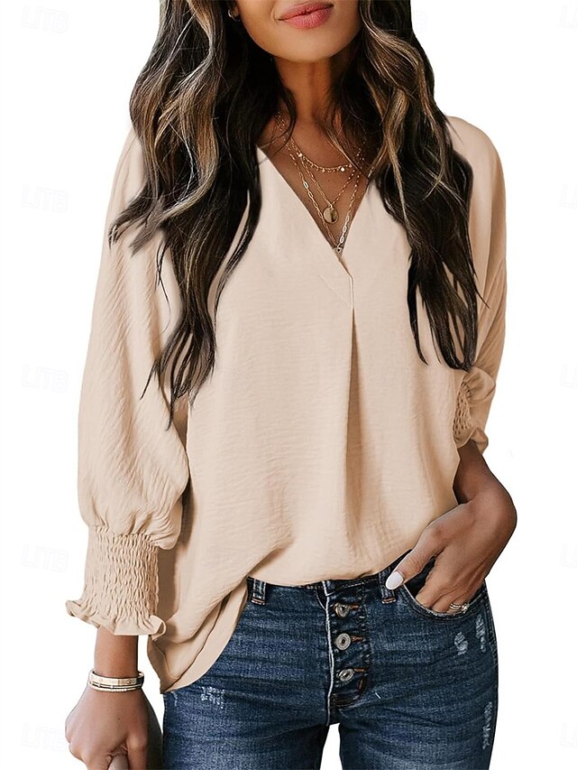  Damen Hemd Bluse Feste Farbe Basic Brautkleider schlicht Langarm V Ausschnitt Normale Oberteile Täglich Patchwork Knopf Rosa Blau Beige Herbst Winter
