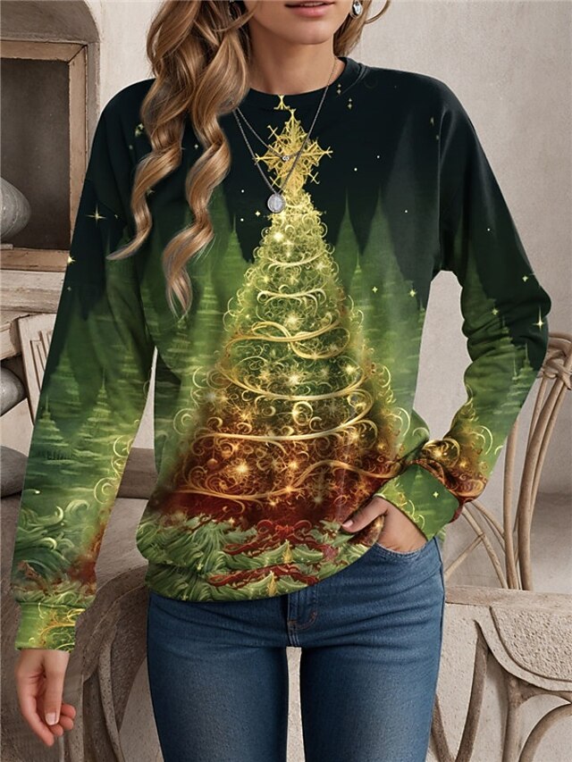 Women's Christmas Sweatshirt Long Sleeve Holiday Tree Design Festive