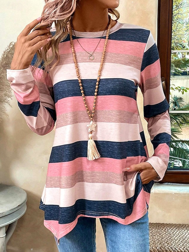  Maglietta tunica da donna a righe casual maniche lunghe girocollo top regolari stampa quotidiana asimmetrica rosa primavera e autunno