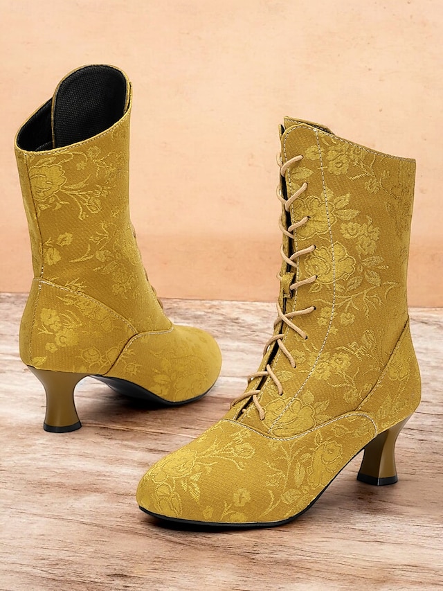  Botas femininas vintage com cadarço e salto médio – botas jacquard elegantes para estilo retrô e ocasiões especiais