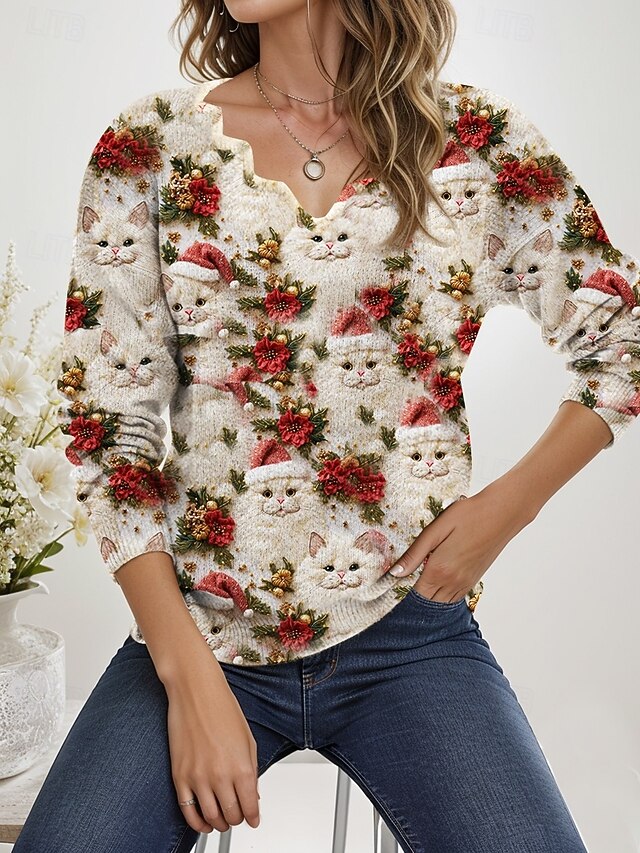 Women's Ugly Christmas Cute Sweater Scalloped Neck Knit Knitted Fall