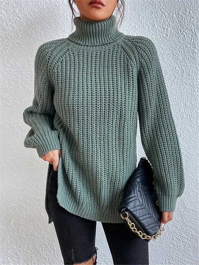 Women's Sweater Pullover Sweater Jumper Casual Soft Pure Color Chunky Turtleneck Knitted Long Sleeve Regular Tops Knit Outdoor Daily Weekend Light Green Wine Fall Winter 8