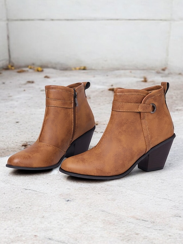  Botines estilo western vintage para mujer con tacones gruesos en bloque: botines de piel sintética con cremallera lateral para uso informal y al aire libre