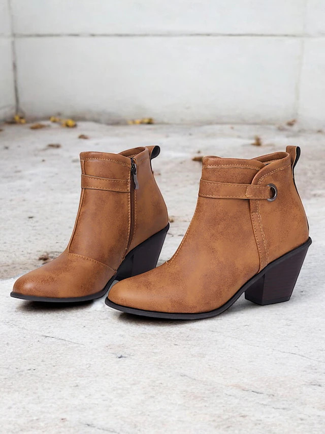 Women's Vintage Western Ankle Boots with Chunky Block Heels – Faux Leather Side-Zip Booties for Casual and Outdoor Wear 16