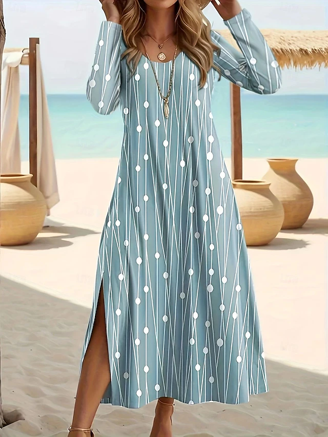 Women's Midi Dress Polka Dot Dress Polka Dot Classic Office Daily Split Long Sleeve Crew Neck Dress Regular Fit Light Sky Blue Fall S M L XL XXL4