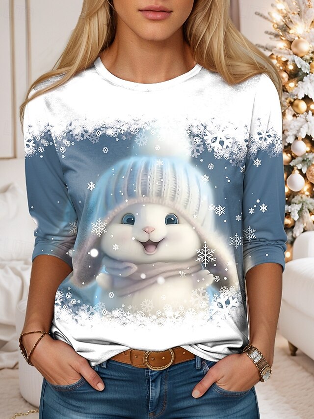 Women's T shirt Long Sleeve Crew Neck Long Sleeve Tunic T-shirt Winter Bunny Graphic Print Casual Holiday Festive Snowflake Pattern Regular Fit Light Blue White Prefall4