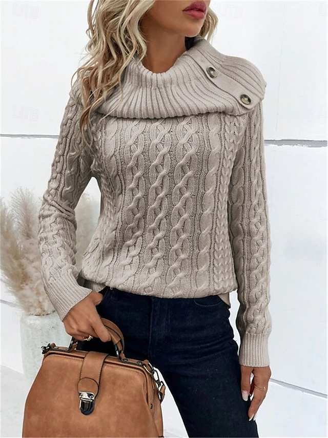 Women's Sweater Pullover Sweater Jumper Casual Soft Pure Color Ribbed Turtleneck Buttons Knitted Long Sleeve Regular Tops Knit Outdoor Daily Weekend Wine Khaki Fall Winter 13