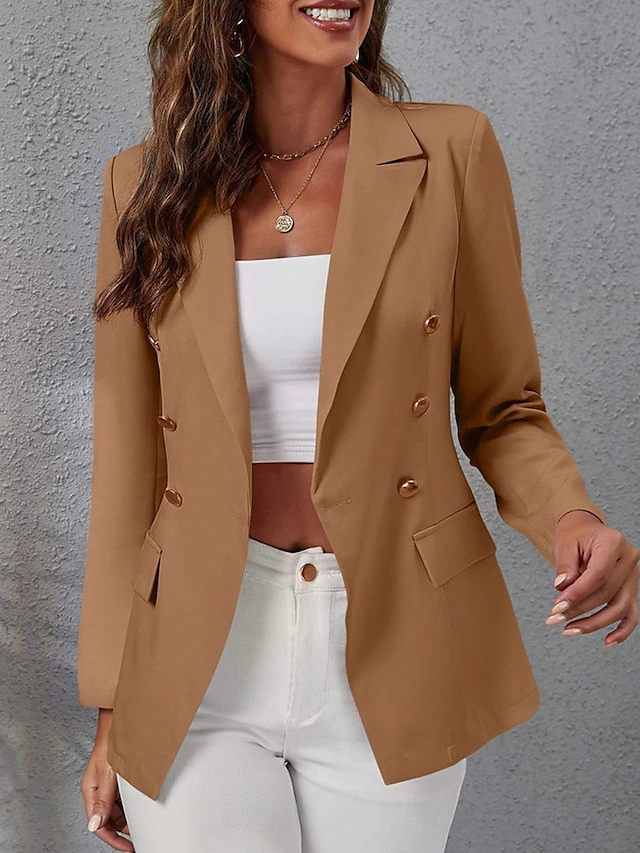 Women's Blazer Work Button Solid Color Breathable OL Style Regular Fit Outerwear Long Sleeve Fall Black S4