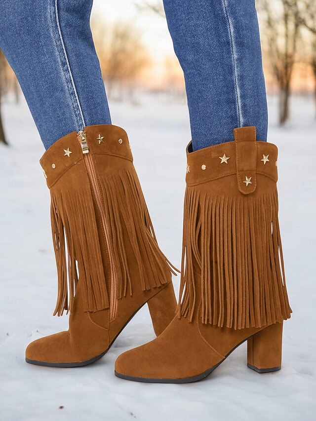 Women's Faux Suede Fringe Mid-Calf Boots with Star Studs - Western Style Block Heel Cowgirl Boots for Fall and Winter 13