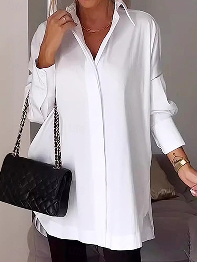  Damen Hemd Bluse Feste Farbe Basic Brautkleider schlicht Langarm Hemdkragen Normale Oberteile Täglich Weiß Gelb Rosa Herbst Winter