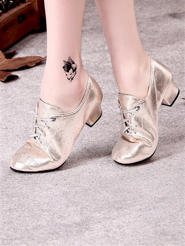 Women's Metallic Silver Lace-Up Dance Shoes with Low Heel - Ideal for Ballroom & Latin Dance Performances 8