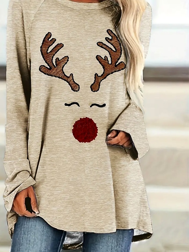 Women's Christmas Tunic Top Reindeer Print Long Sleeve Round Neck Beige