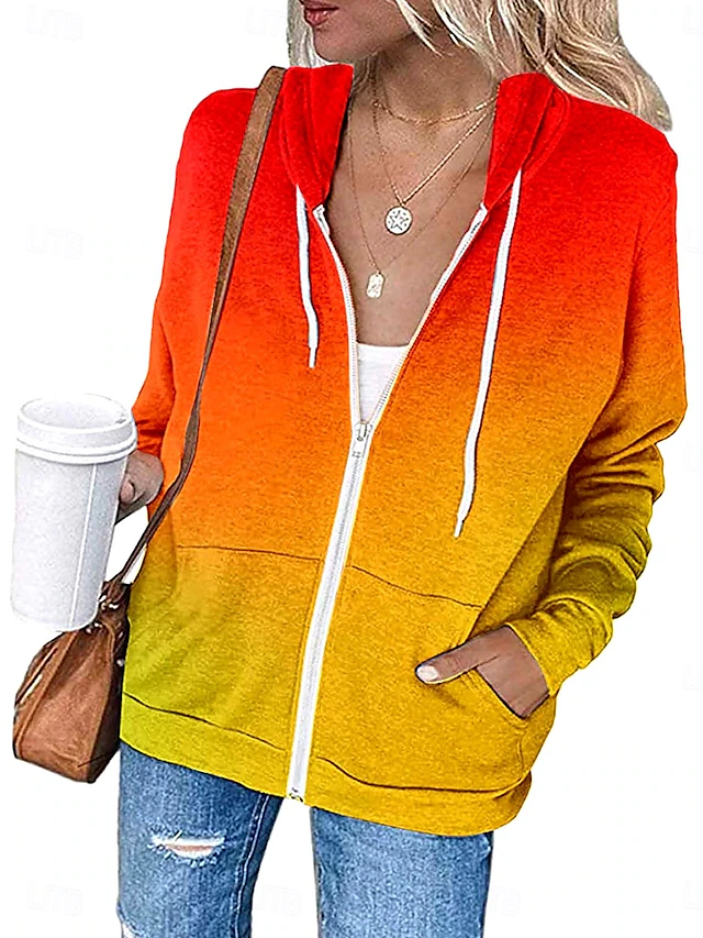 Women's Casual Jacket Hoodie Jacket Outdoor Street Daily Wear Fall Winter Regular Coat Regular Fit Thermal Warm Breathable Stylish Casual Jacket Long Sleeve Color Gradient with Pockets Print Orange 5